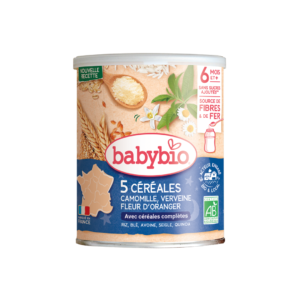 BABYBIO 5 CEREALES VERVEINE FLEUR D&rsquo;ORANGER CAMOMILLE 220G